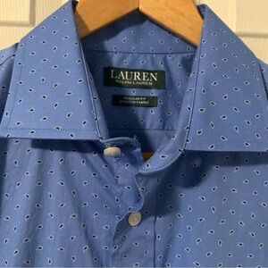 Lauren Ralph Lauren button up blue design long sleeve, size Large 16 32/33